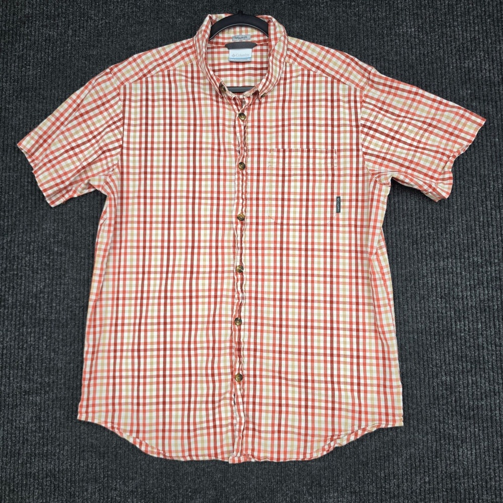 Columbia Mens Regular Fit Short Sleeve Gingham Plaid Shirt Orange Tan AM9132 M